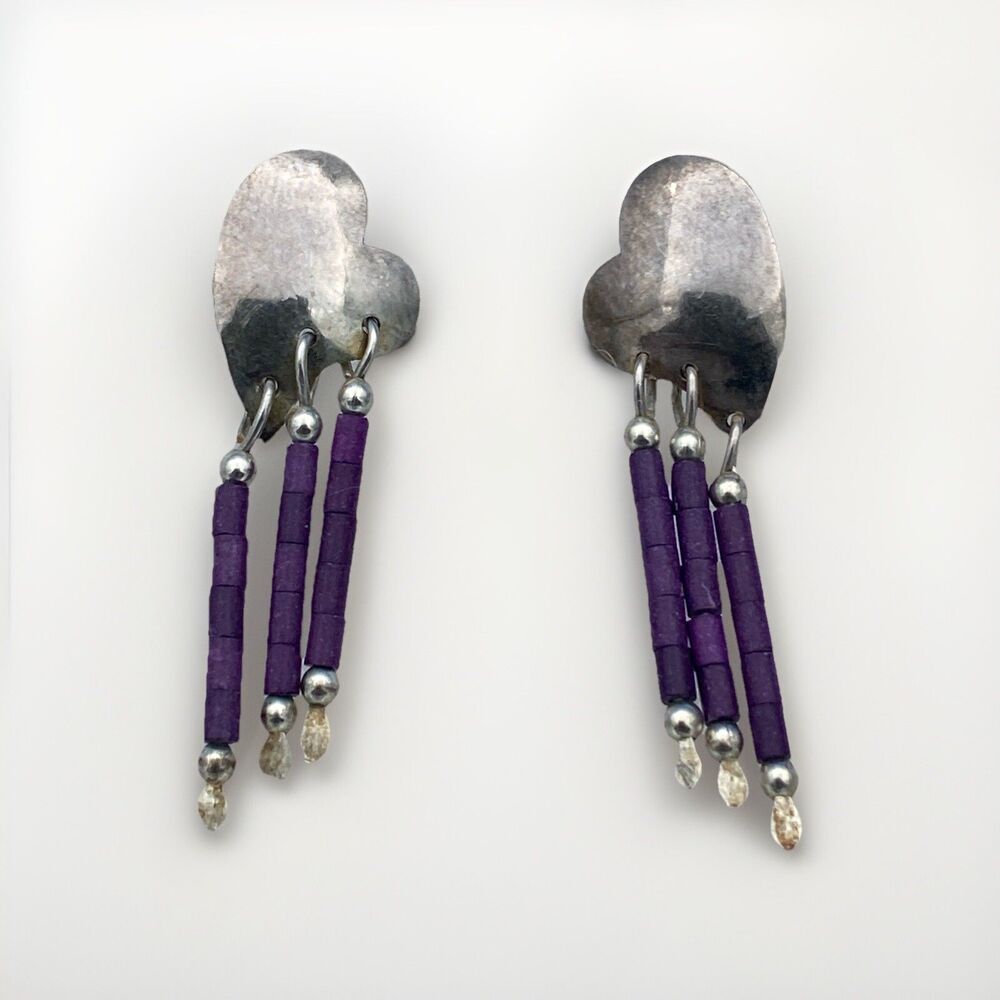 Native American Sterling Silver 925 Heart Sugilite Fringe Dangle Earrings